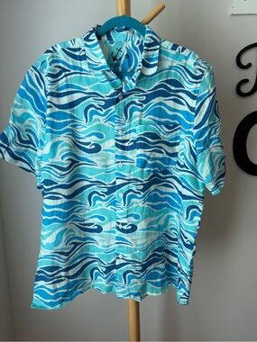 Hi Ho Men’s Linen Hawaiian Shirt Blue Wave Size XL Short Sleeve Button Up Cruise